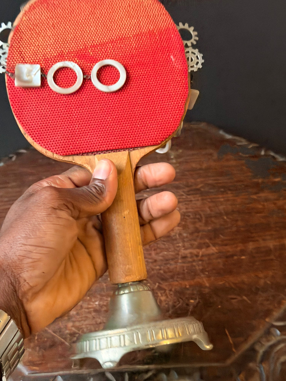 Ping Pong Paddle Found Object Robot Face Sculpture, Upcycled Assemblage Art, 16 in