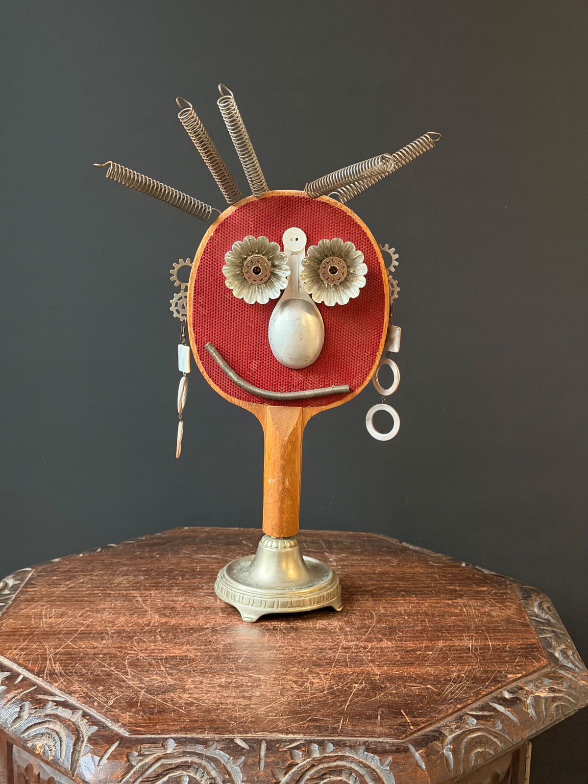 Ping Pong Paddle Found Object Robot Face Sculpture, Upcycled Assemblage Art, 16 in
