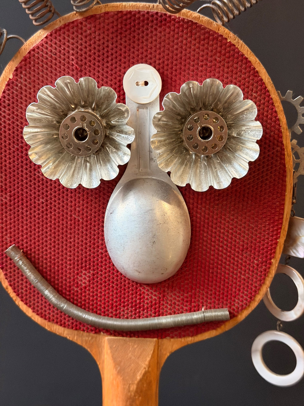 Ping Pong Paddle Found Object Robot Face Sculpture, Upcycled Assemblage Art, 16 in