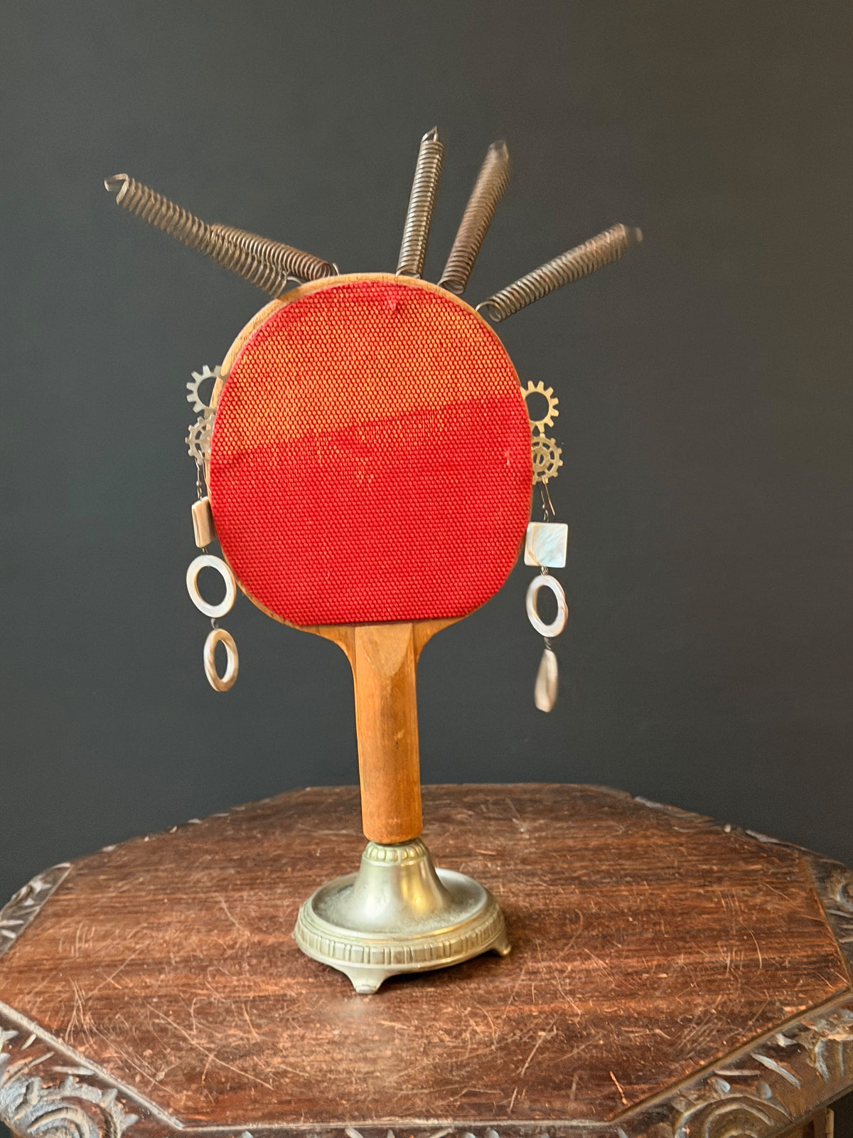 Ping Pong Paddle Found Object Robot Face Sculpture, Upcycled Assemblage Art, 16 in