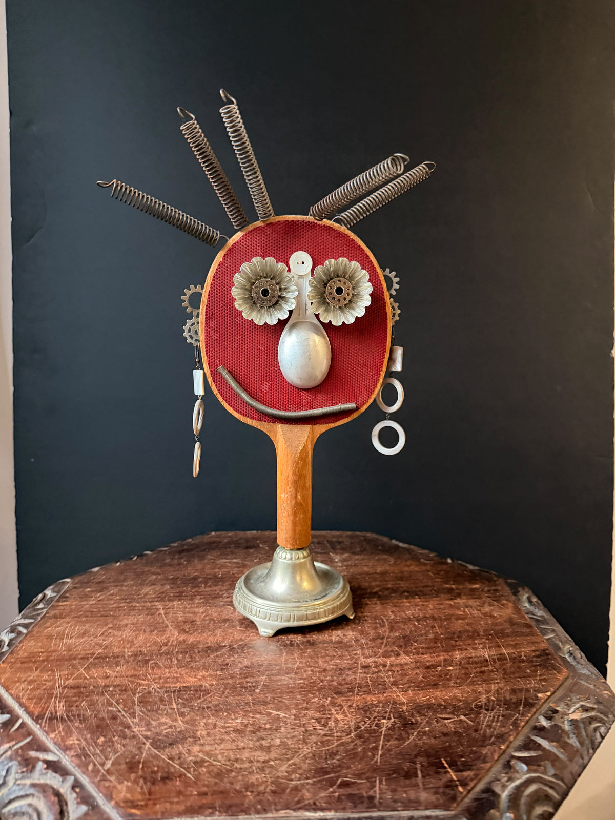 Ping Pong Paddle Found Object Robot Face Sculpture, Upcycled Assemblage Art, 16 in