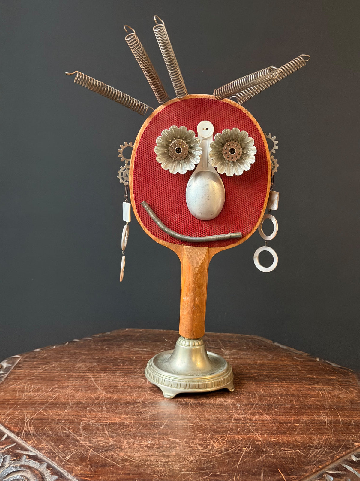 Ping Pong Paddle Found Object Robot Face Sculpture, Upcycled Assemblage Art, 16 in