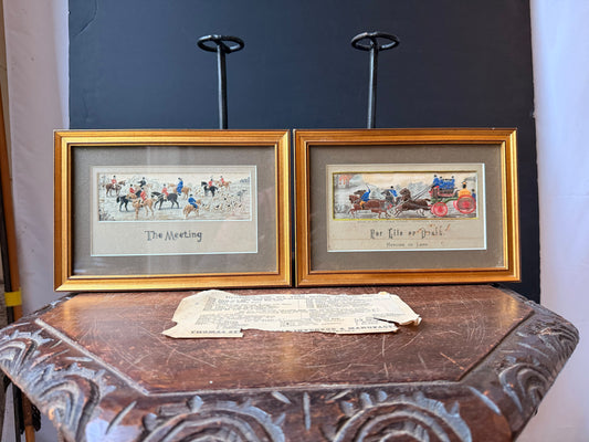 Pair Antique Stevengraph Woven Silk Pictures, For Life or Death and The Meeting Hunt Scene, Framed