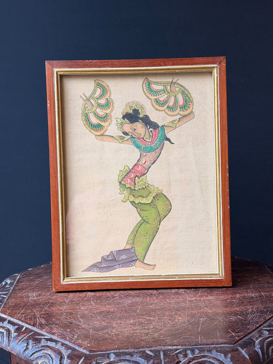 Vintage Balinese Fan Dancer Painting on Cloth, Gold Highlights, Framed 14 x 11 in