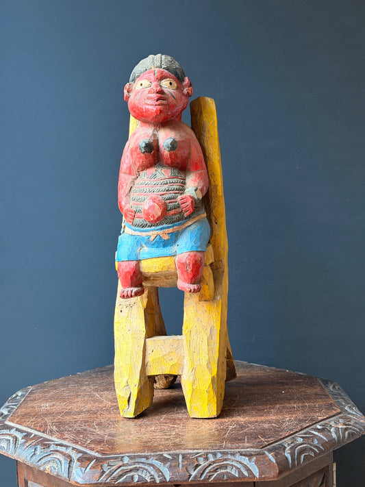 Vintage Yoruba Carved Wood Seated Pregnant Maternity Figure, Polychrome, 18.5 in