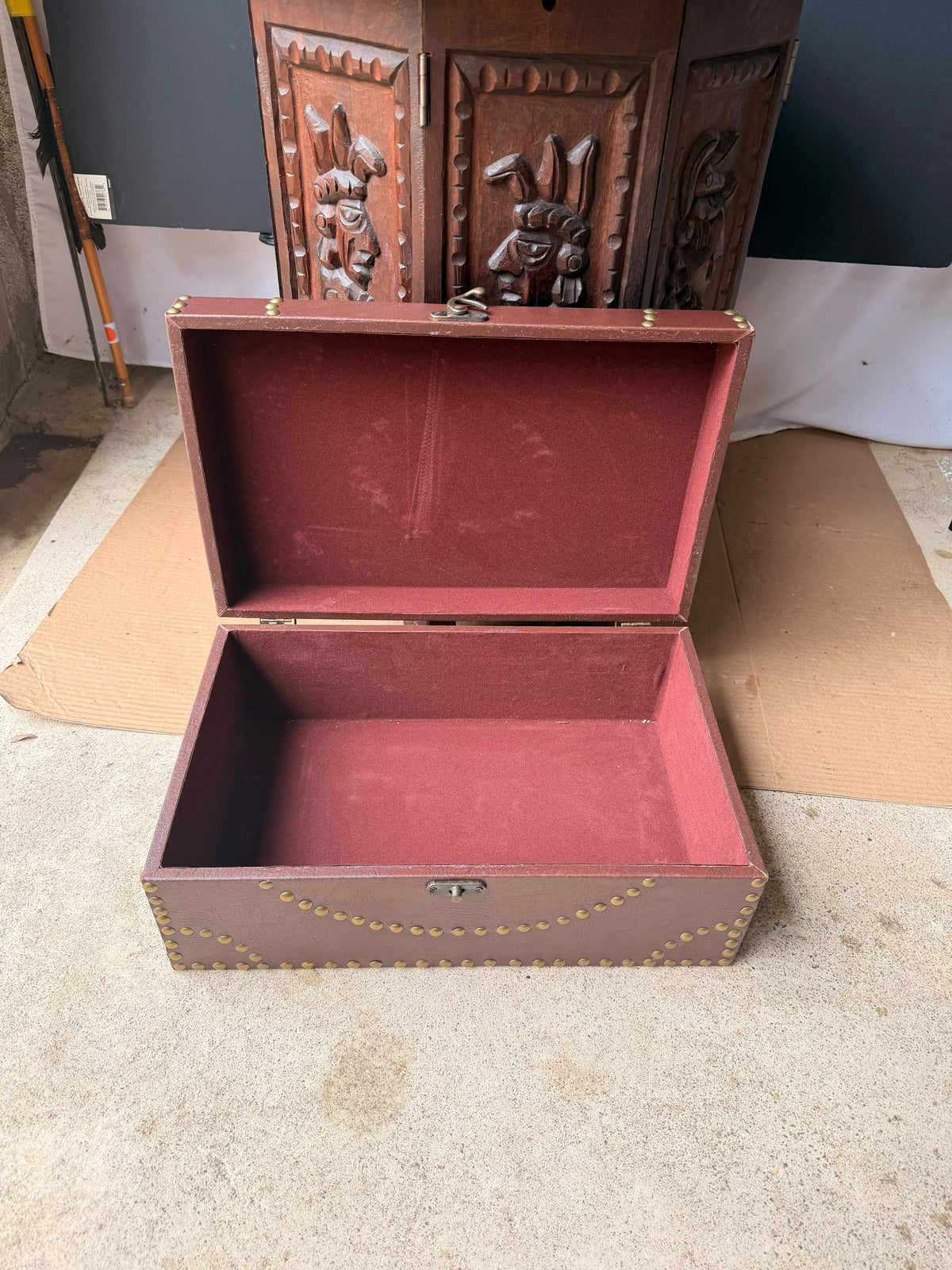 Vintage Campaign Style Faux Leather Box with Brass Studs, Felt Lined, 16 in