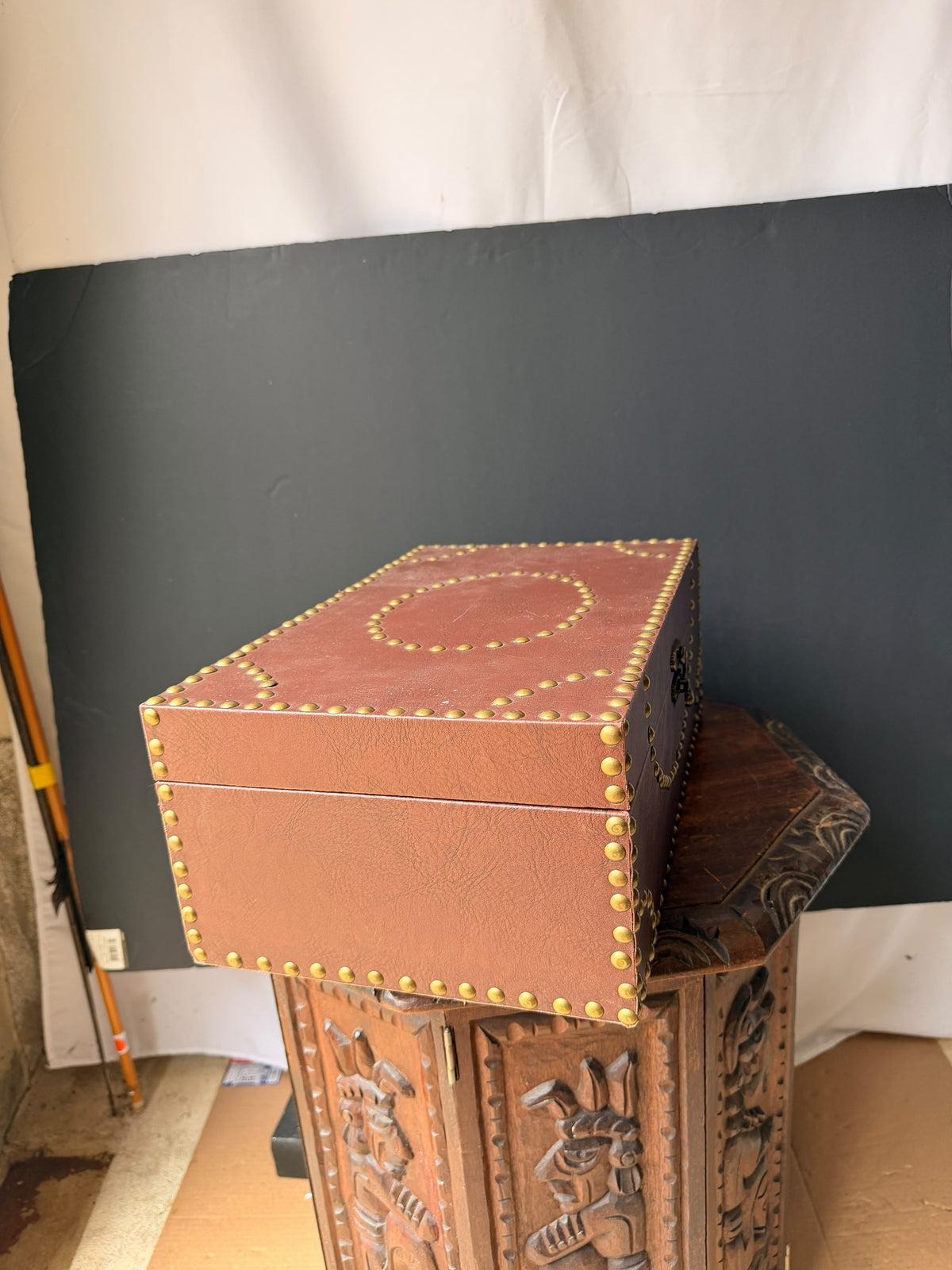 Vintage Campaign Style Faux Leather Box with Brass Studs, Felt Lined, 16 in
