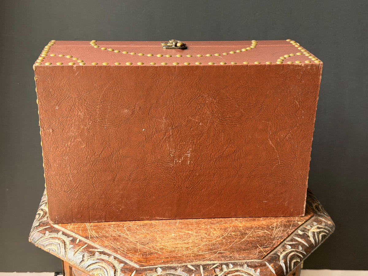 Vintage Campaign Style Faux Leather Box with Brass Studs, Felt Lined, 16 in