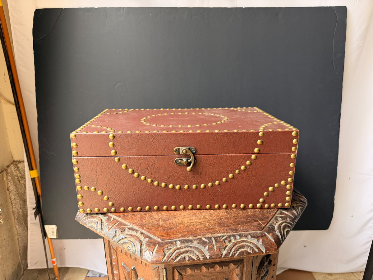 Vintage Campaign Style Faux Leather Box with Brass Studs, Felt Lined, 16 in