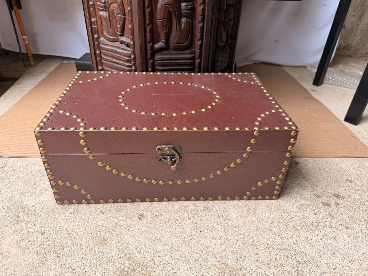 Vintage Campaign Style Faux Leather Box with Brass Studs, Felt Lined, 16 in