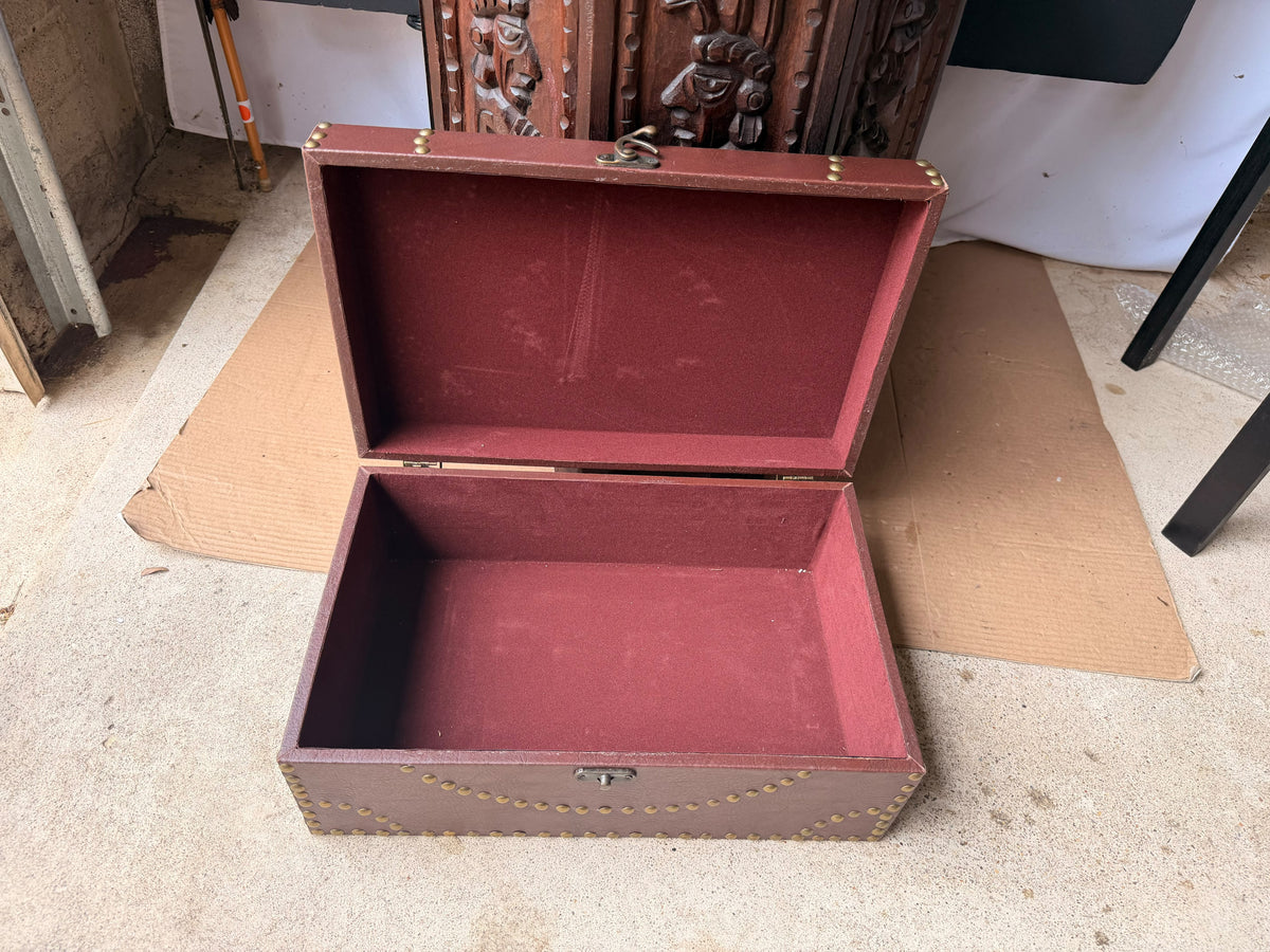 Vintage Campaign Style Faux Leather Box with Brass Studs, Felt Lined, 16 in