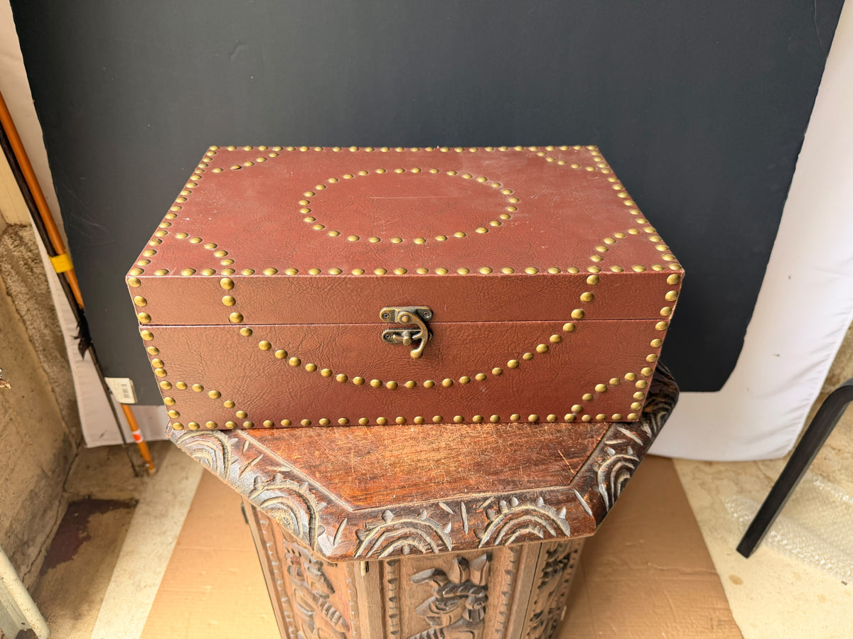 Vintage Campaign Style Faux Leather Box with Brass Studs, Felt Lined, 16 in