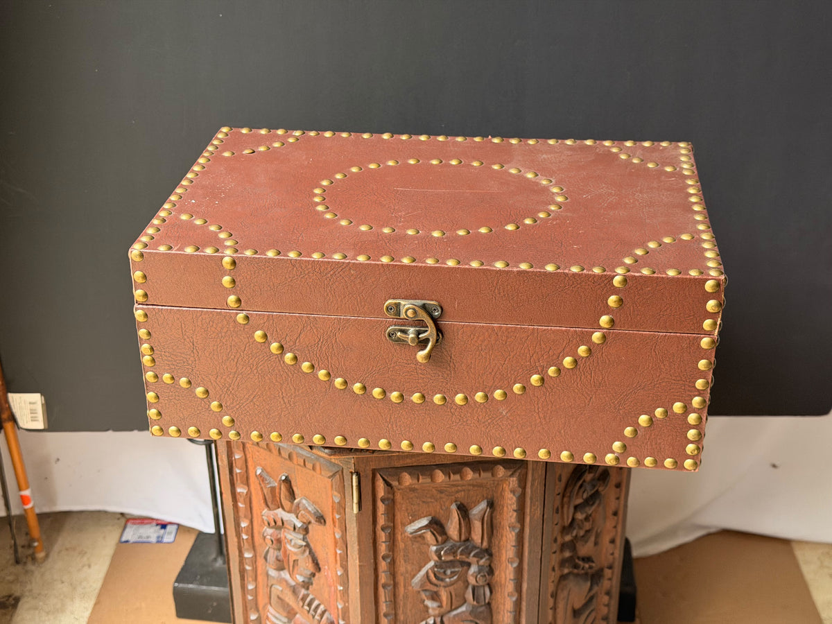 Vintage Campaign Style Faux Leather Box with Brass Studs, Felt Lined, 16 in