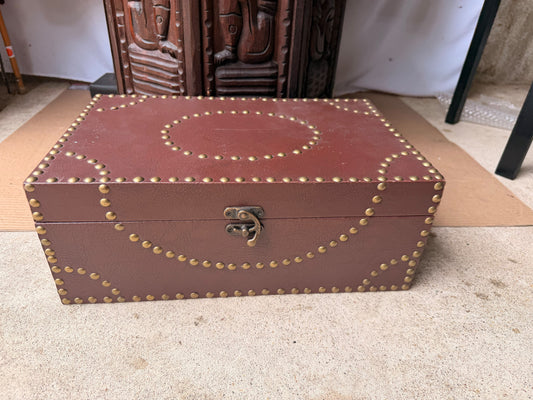 Vintage Campaign Style Faux Leather Box with Brass Studs, Felt Lined, 16 in