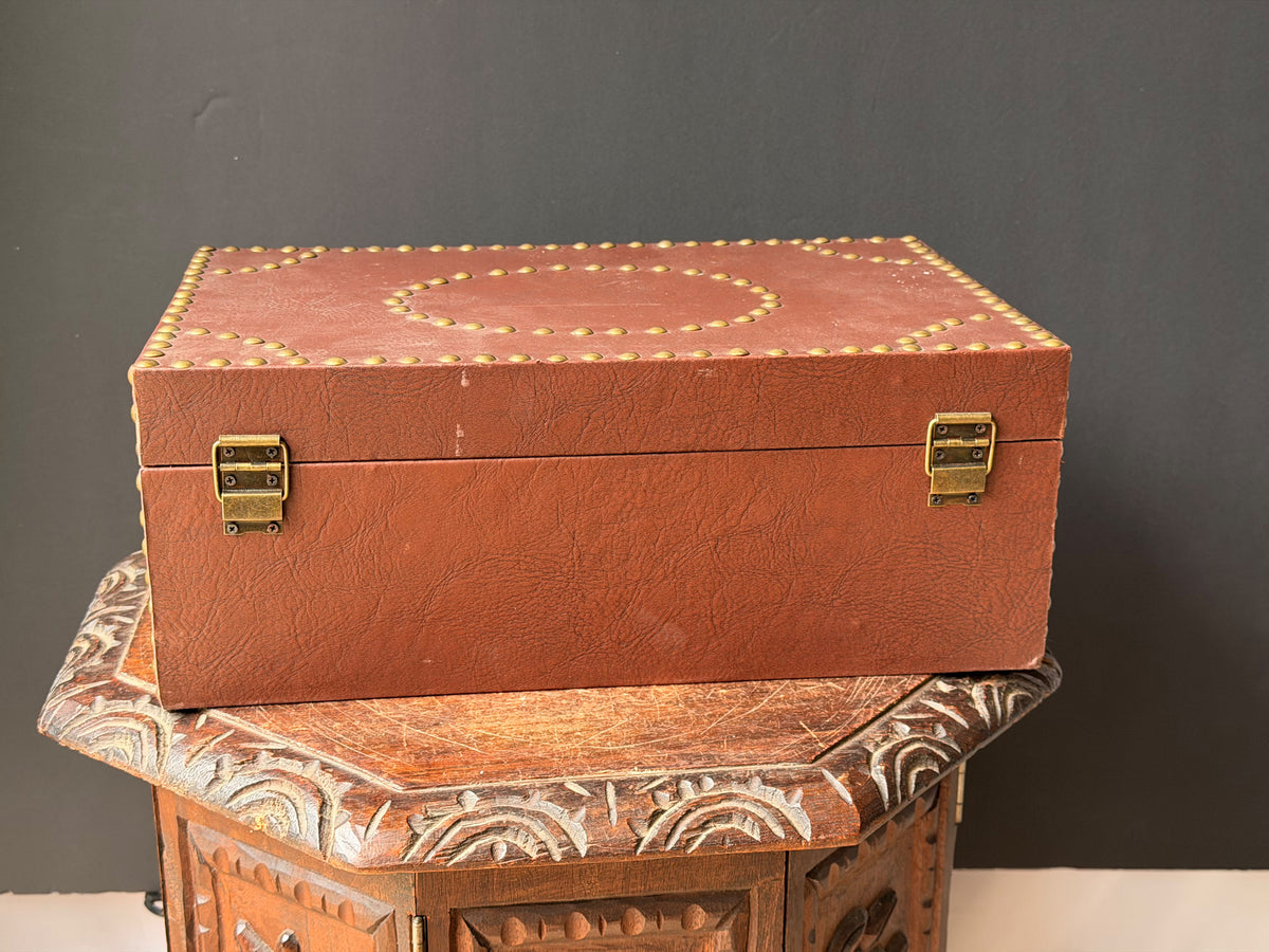 Vintage Campaign Style Faux Leather Box with Brass Studs, Felt Lined, 16 in