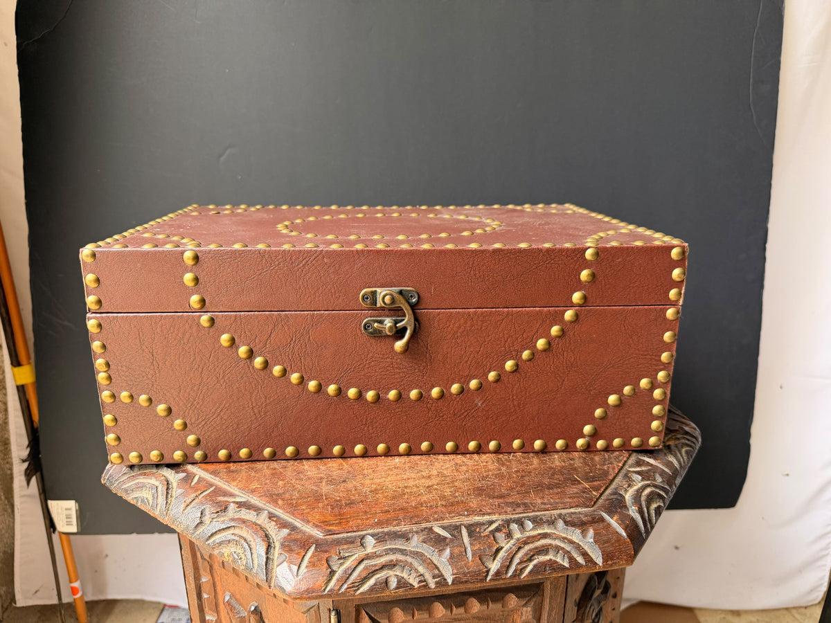 Vintage Campaign Style Faux Leather Box with Brass Studs, Felt Lined, 16 in