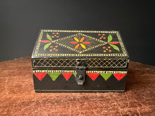 Vintage Indian Hand Painted Black Wood Trinket Box, Peaked Lid, Folk Art, 5 in