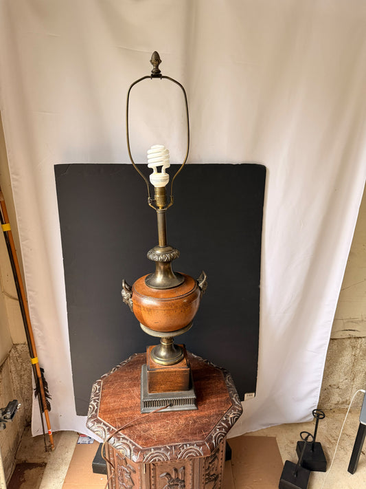 Vintage Neoclassical Style Wood Urn Table Lamp, Bronze Tone Masks, 39 in