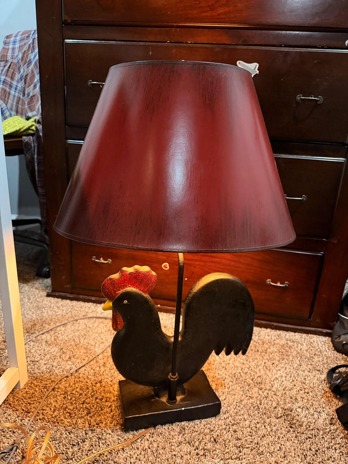 Vintage Frederick Cooper Painted Rooster Table Lamp with Red Shade, 24.5 in