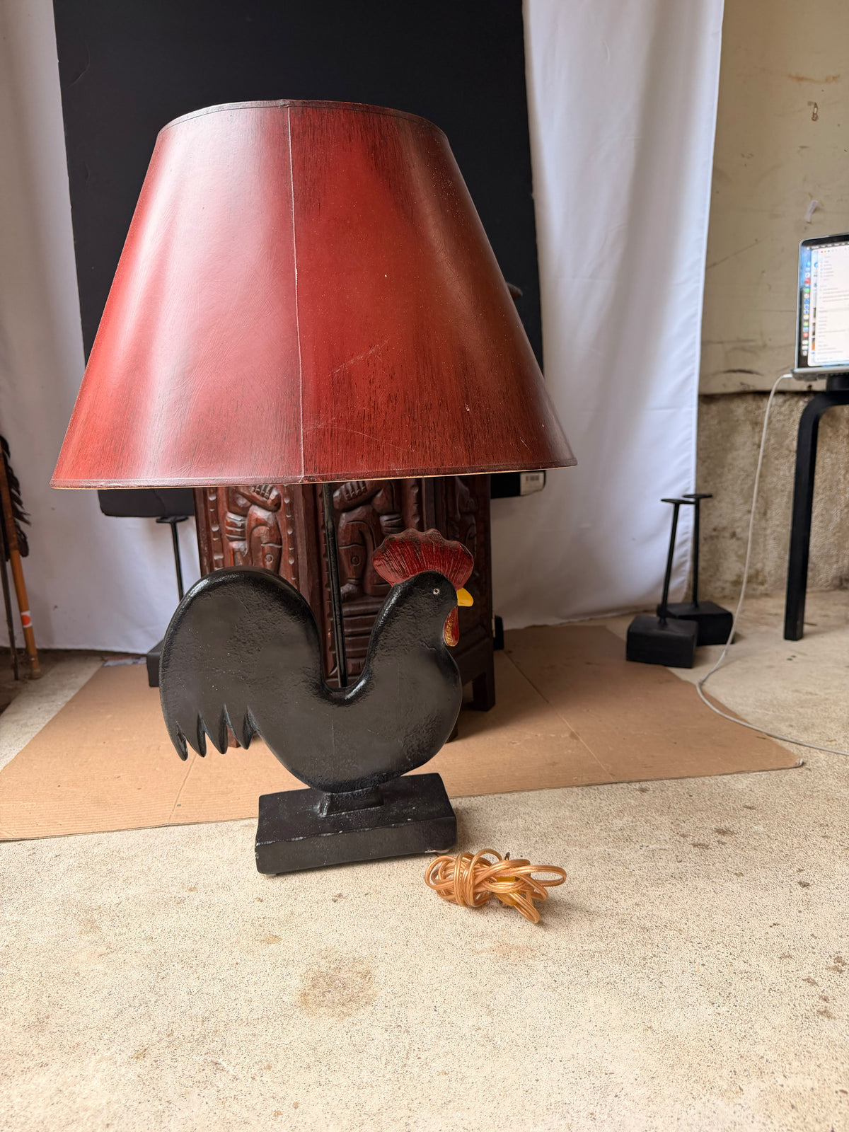Vintage Frederick Cooper Painted Rooster Table Lamp with Red Shade, 24.5 in