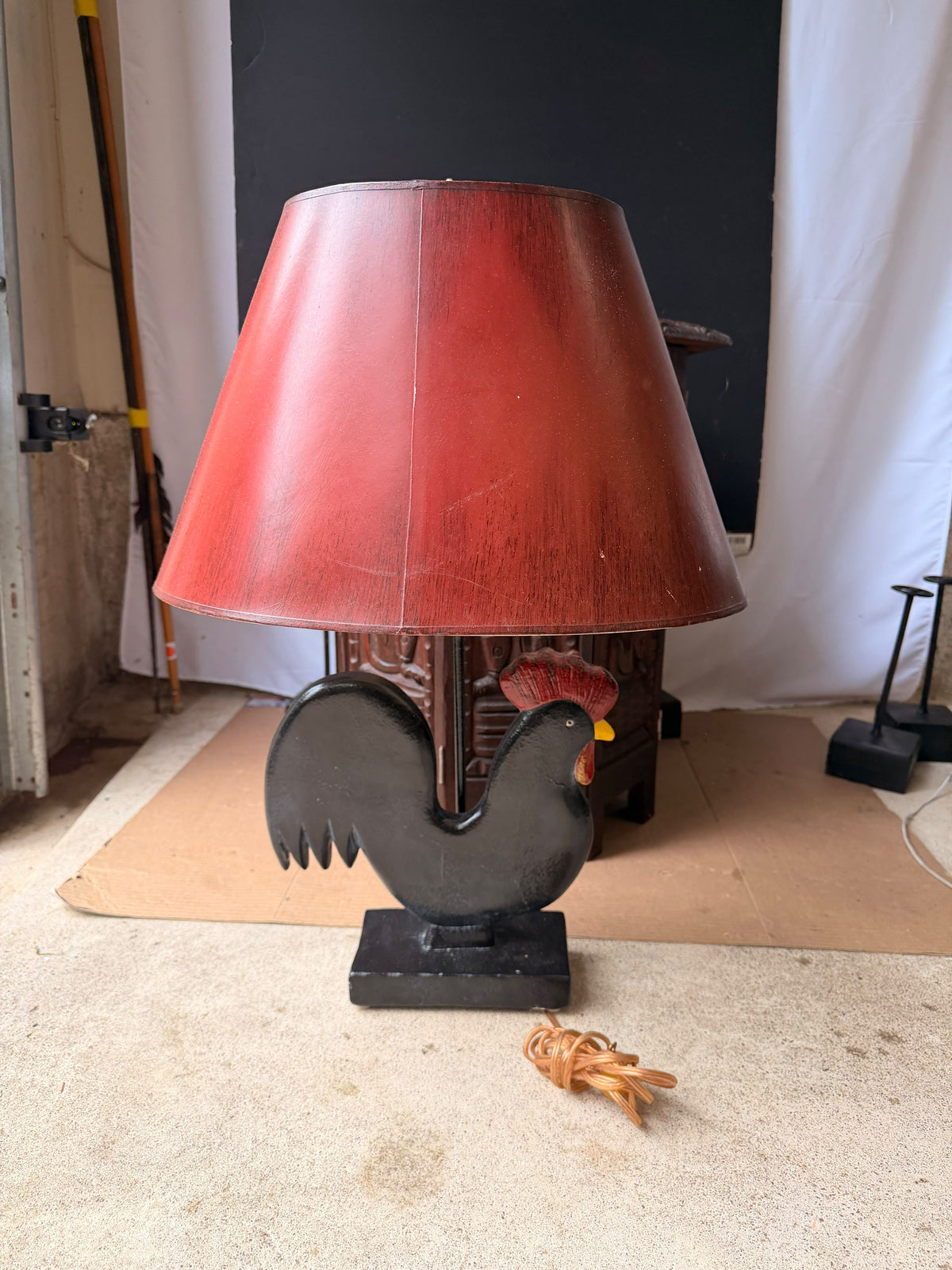 Vintage Frederick Cooper Painted Rooster Table Lamp with Red Shade, 24.5 in