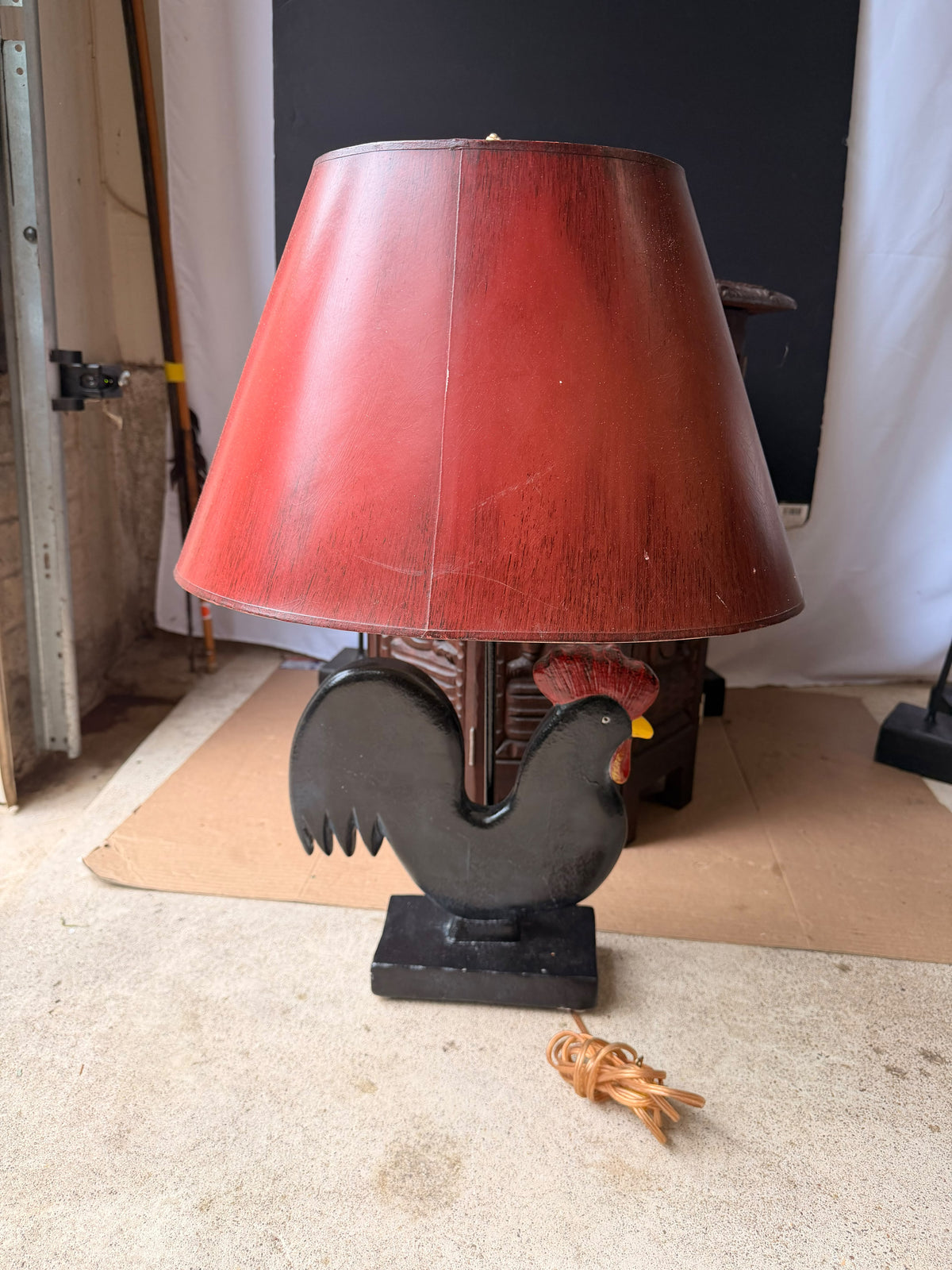 Vintage Frederick Cooper Painted Rooster Table Lamp with Red Shade, 24.5 in