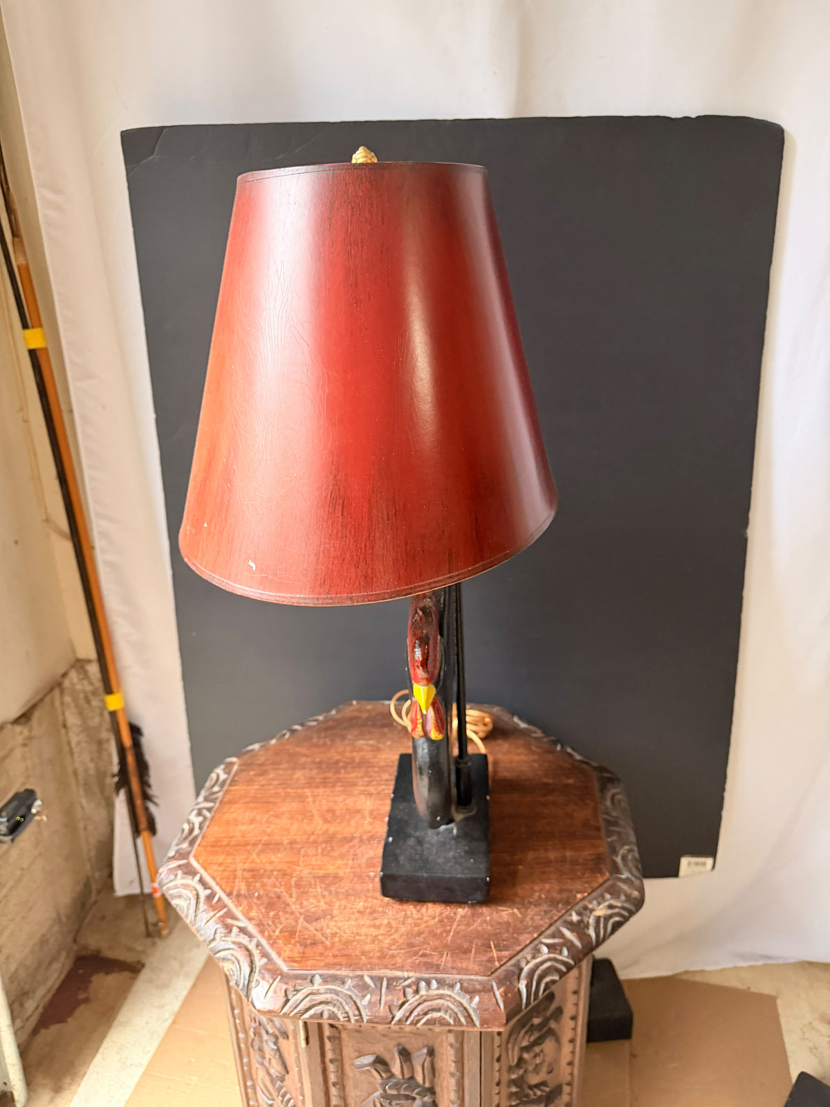 Vintage Frederick Cooper Painted Rooster Table Lamp with Red Shade, 24.5 in