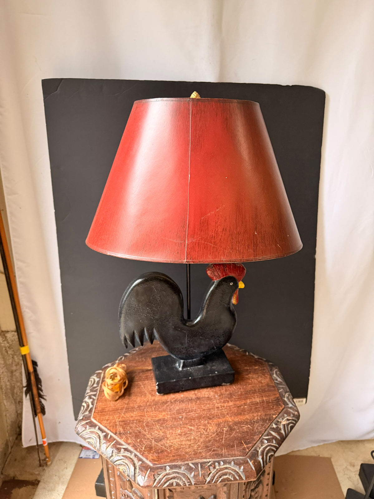 Vintage Frederick Cooper Painted Rooster Table Lamp with Red Shade, 24.5 in