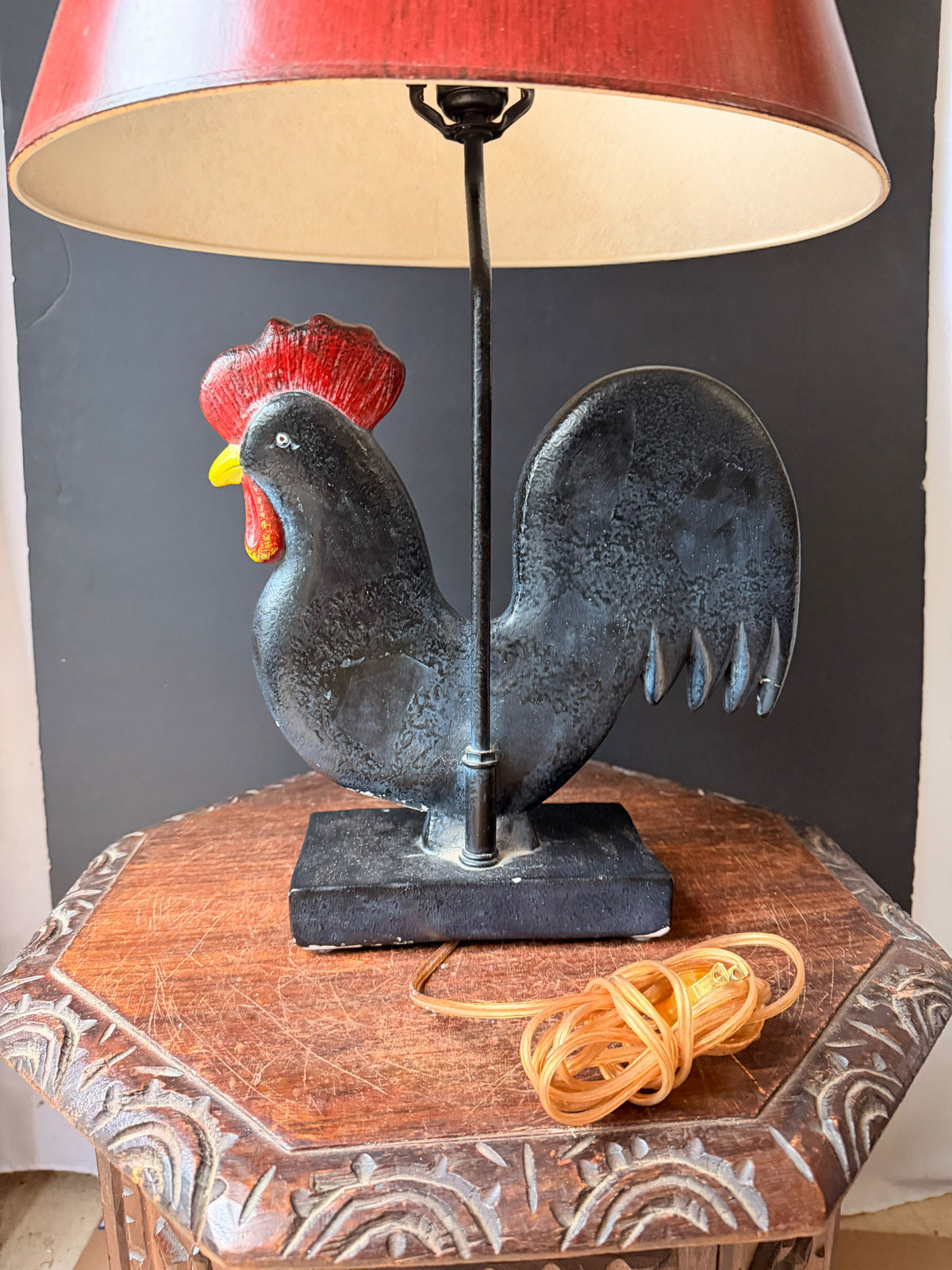 Vintage Frederick Cooper Painted Rooster Table Lamp with Red Shade, 24.5 in