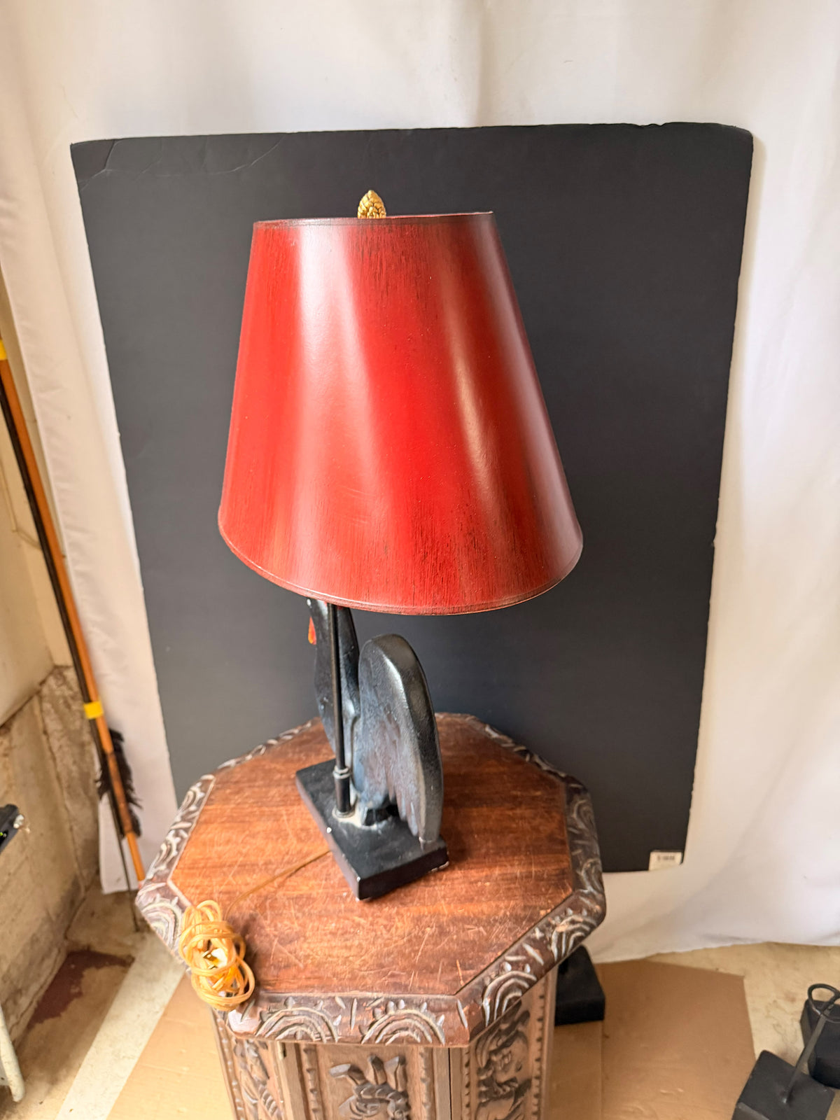 Vintage Frederick Cooper Painted Rooster Table Lamp with Red Shade, 24.5 in