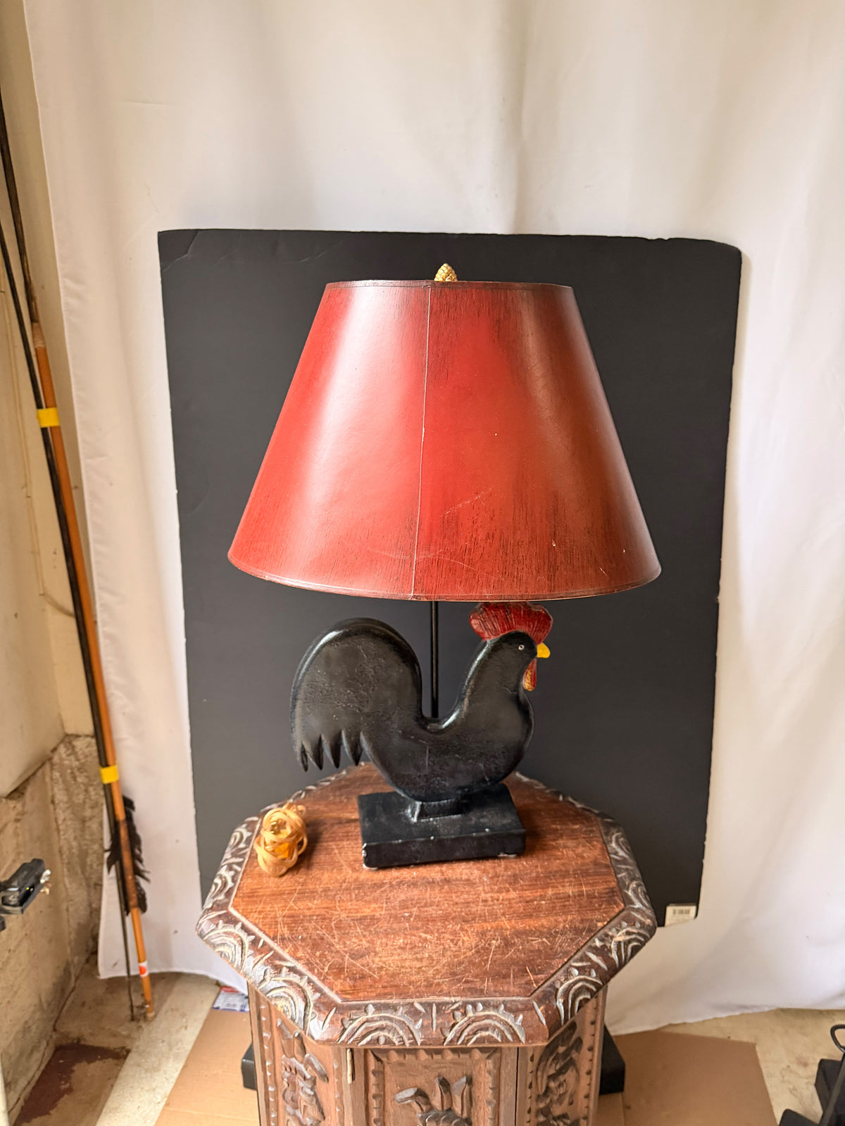 Vintage Frederick Cooper Painted Rooster Table Lamp with Red Shade, 24.5 in
