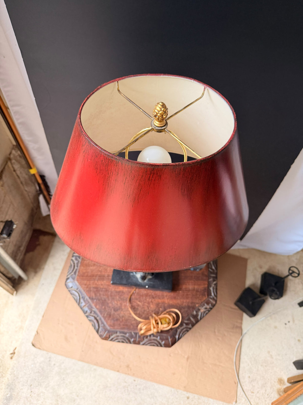 Vintage Frederick Cooper Painted Rooster Table Lamp with Red Shade, 24.5 in