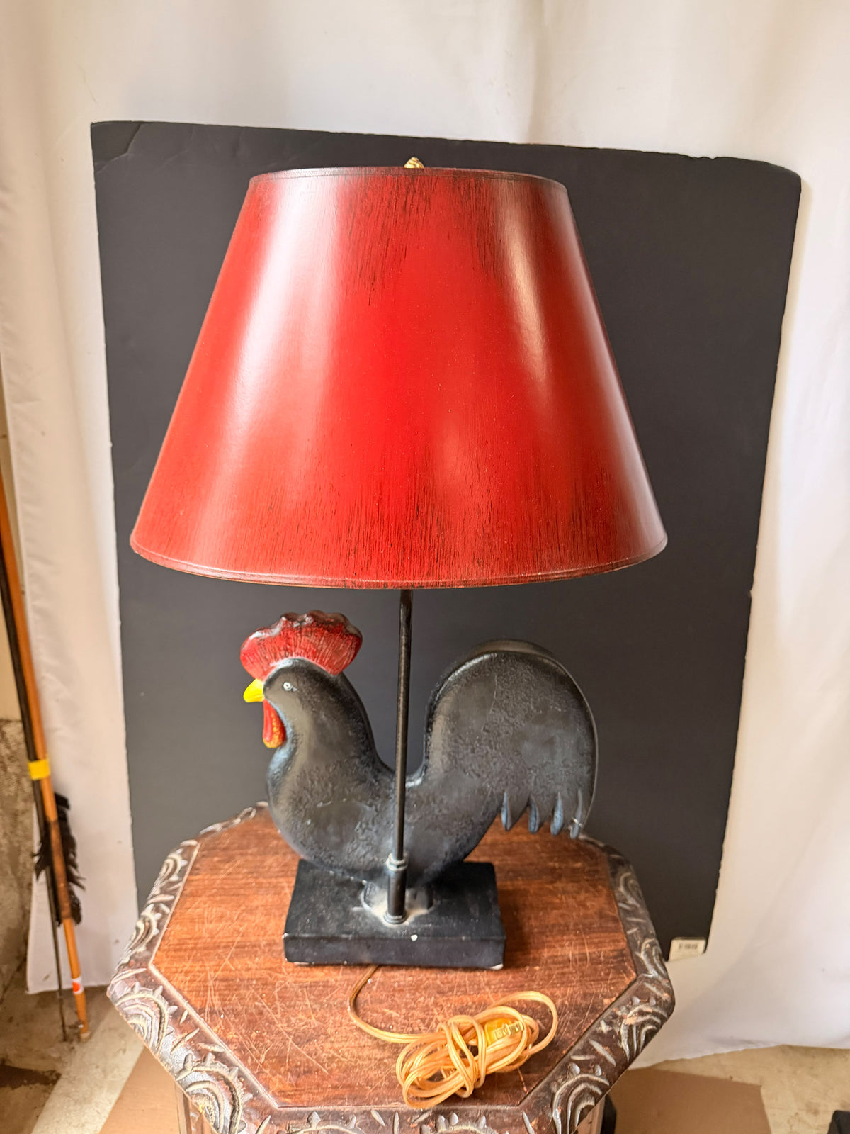 Vintage Frederick Cooper Painted Rooster Table Lamp with Red Shade, 24.5 in