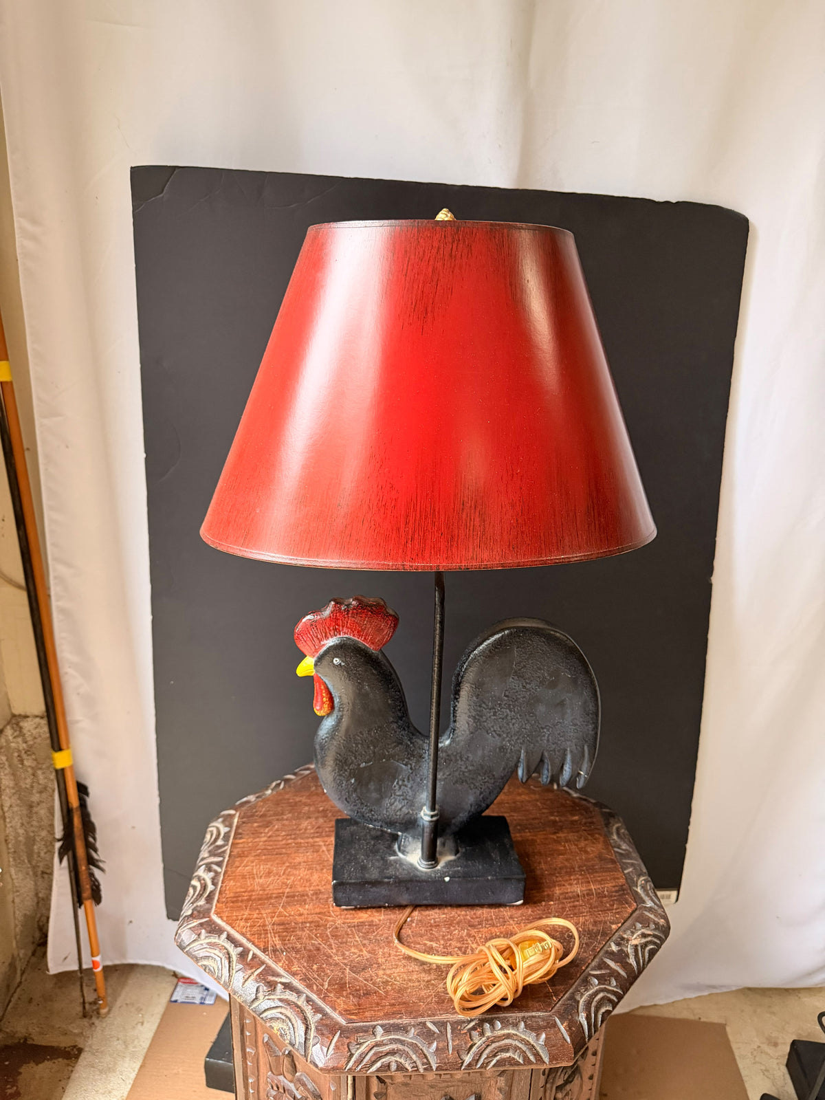 Vintage Frederick Cooper Painted Rooster Table Lamp with Red Shade, 24.5 in