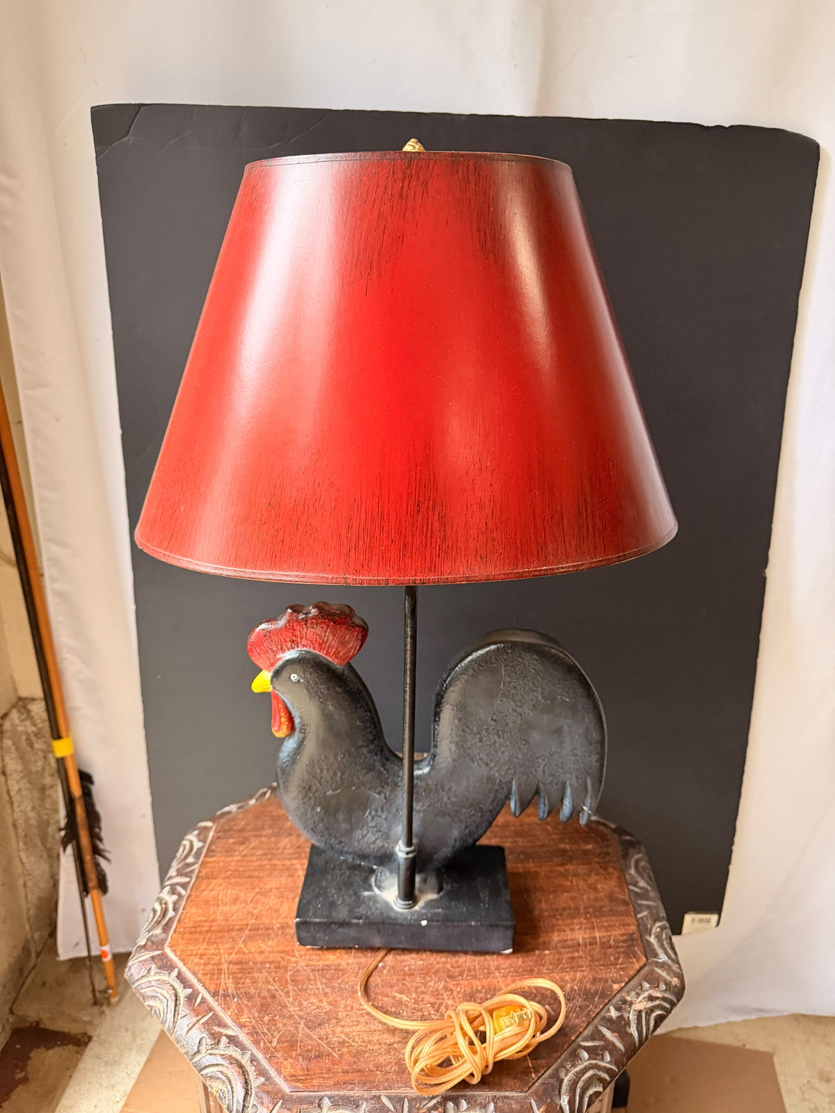 Vintage Frederick Cooper Painted Rooster Table Lamp with Red Shade, 24.5 in