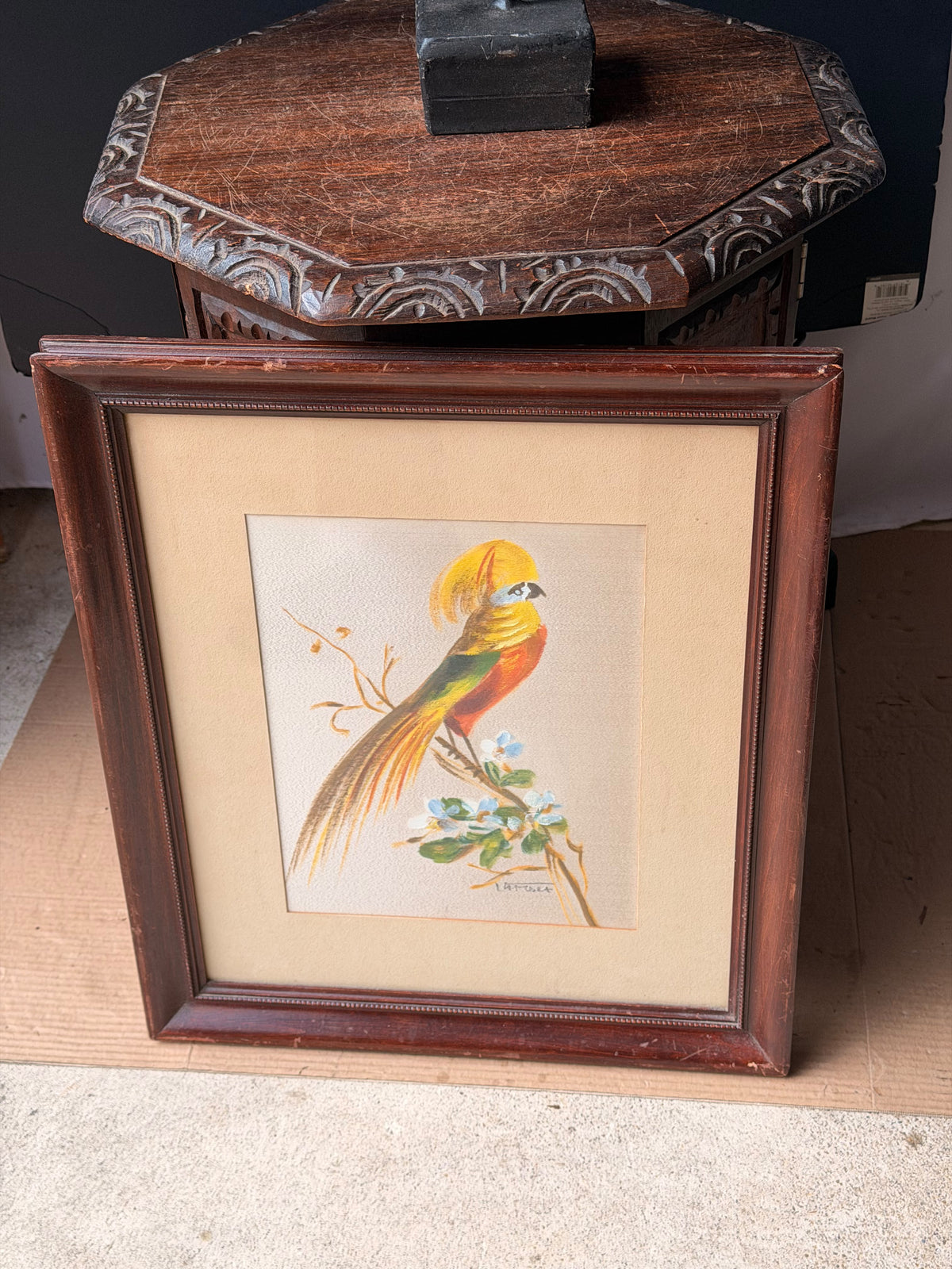 Vintage Signed Latour Painting on Silk, Golden Pheasant Bird, Framed 21 x 18 in