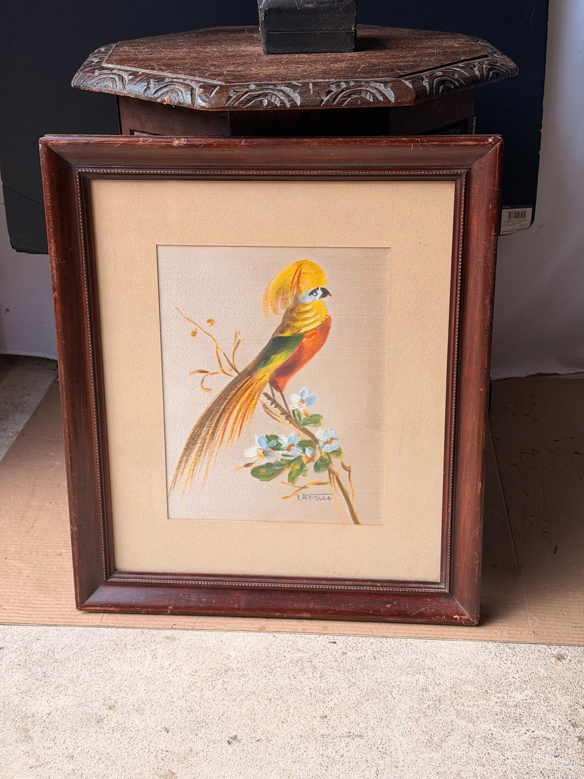 Vintage Signed Latour Painting on Silk, Golden Pheasant Bird, Framed 21 x 18 in