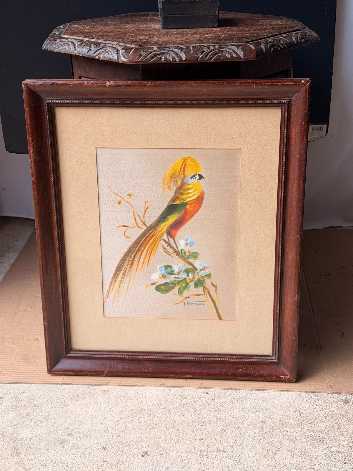 Vintage Signed Latour Painting on Silk, Golden Pheasant Bird, Framed 21 x 18 in