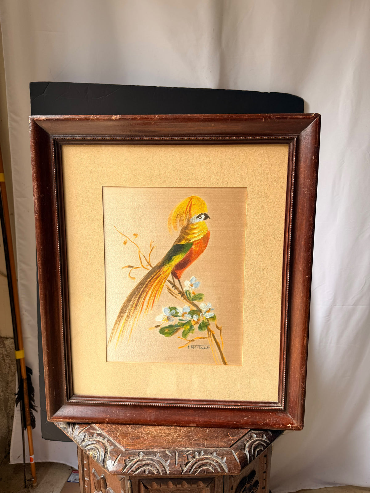 Vintage Signed Latour Painting on Silk, Golden Pheasant Bird, Framed 21 x 18 in