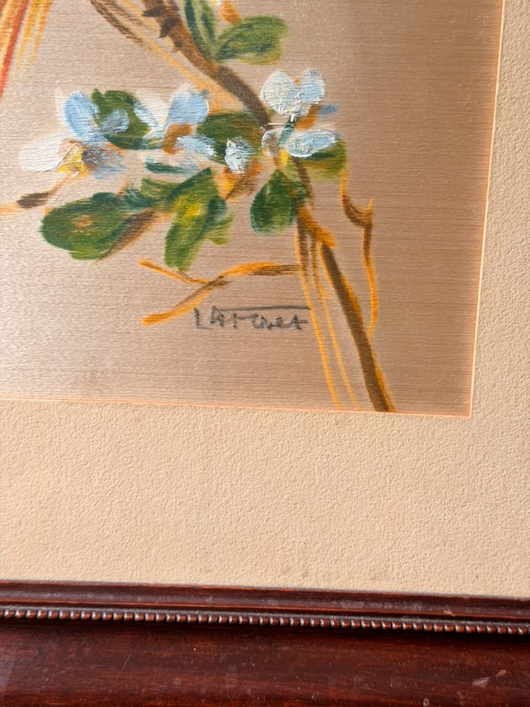 Vintage Signed Latour Painting on Silk, Golden Pheasant Bird, Framed 21 x 18 in