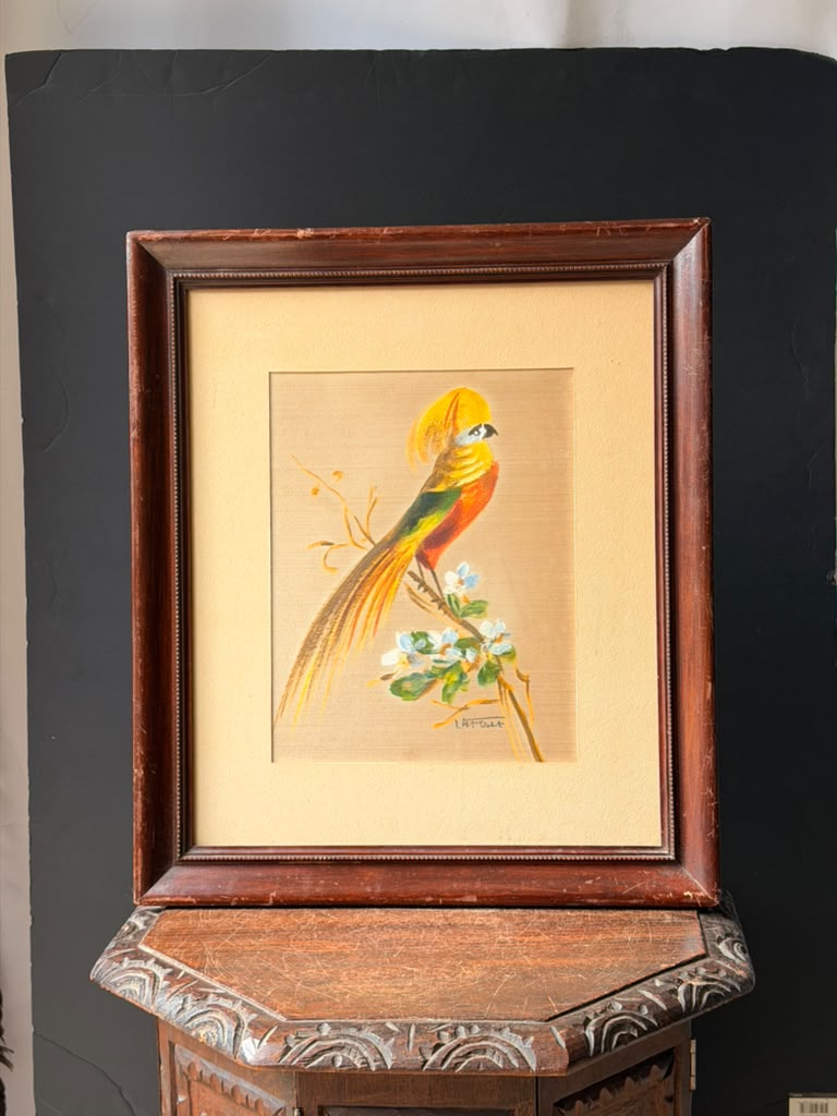 Vintage Signed Latour Painting on Silk, Golden Pheasant Bird, Framed 21 x 18 in