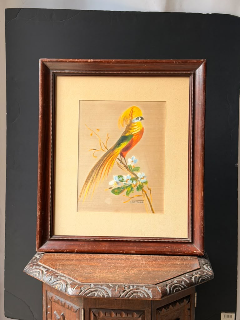 Vintage Signed Latour Painting on Silk, Golden Pheasant Bird, Framed 21 x 18 in