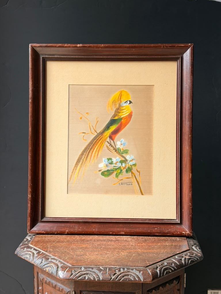 Vintage Signed Latour Painting on Silk, Golden Pheasant Bird, Framed 21 x 18 in