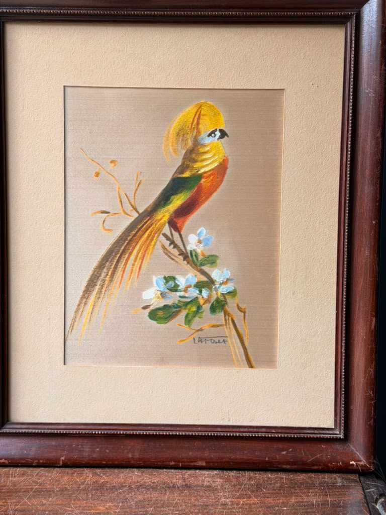 Vintage Signed Latour Painting on Silk, Golden Pheasant Bird, Framed 21 x 18 in