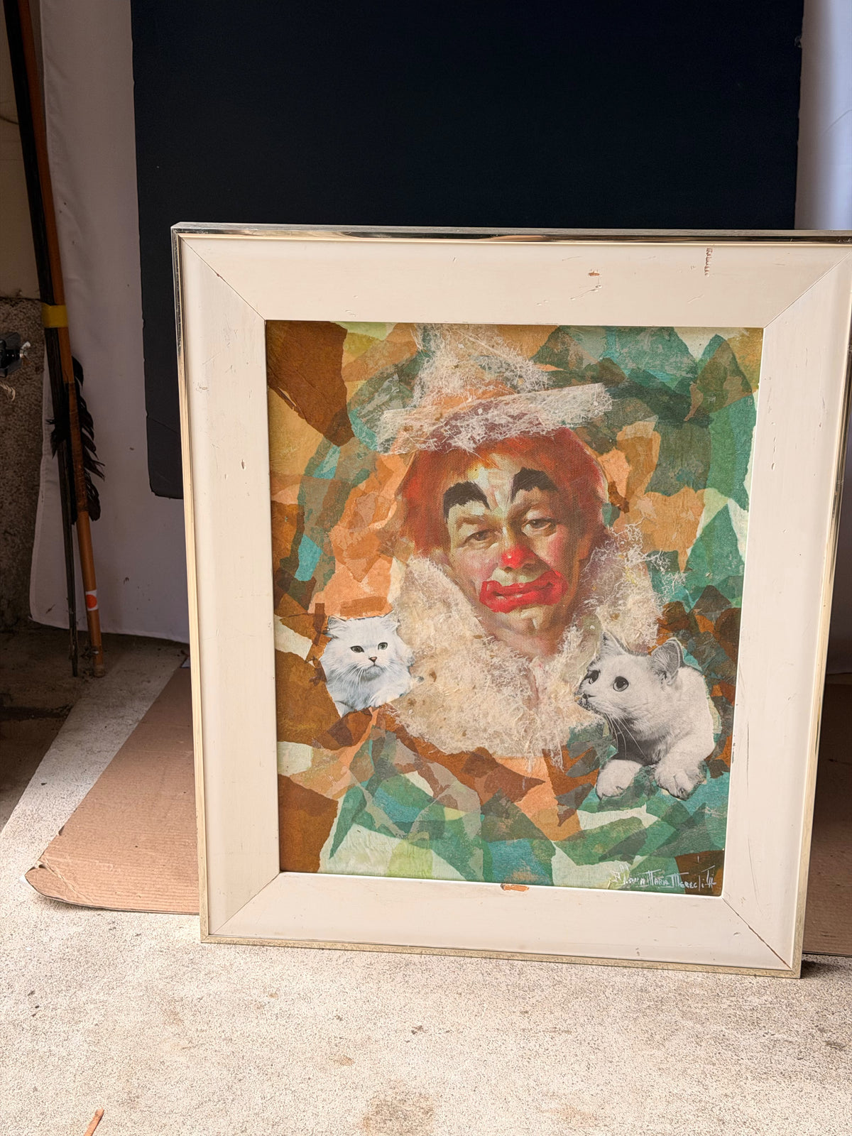 Vintage Signed Albina Marie Meredith Mixed Media Clown Cats Collage Painting 25"