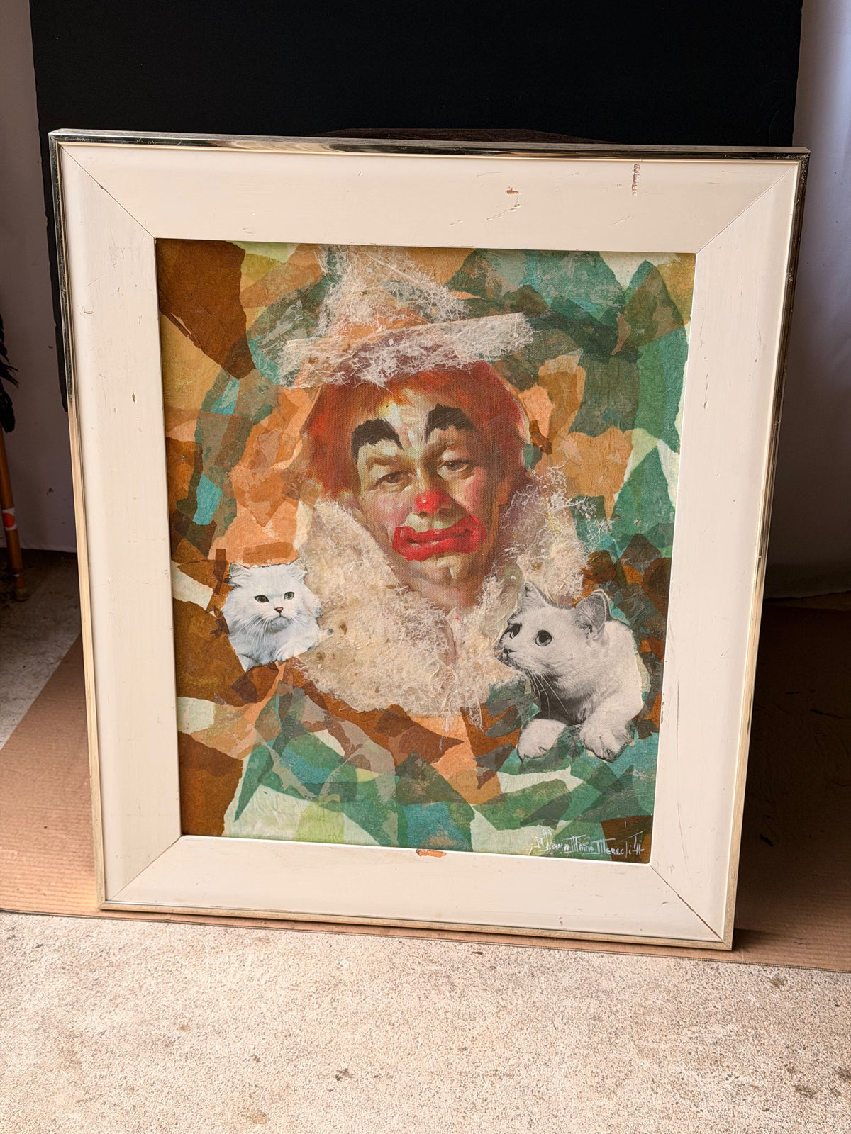 Vintage Signed Albina Marie Meredith Mixed Media Clown Cats Collage Painting 25"