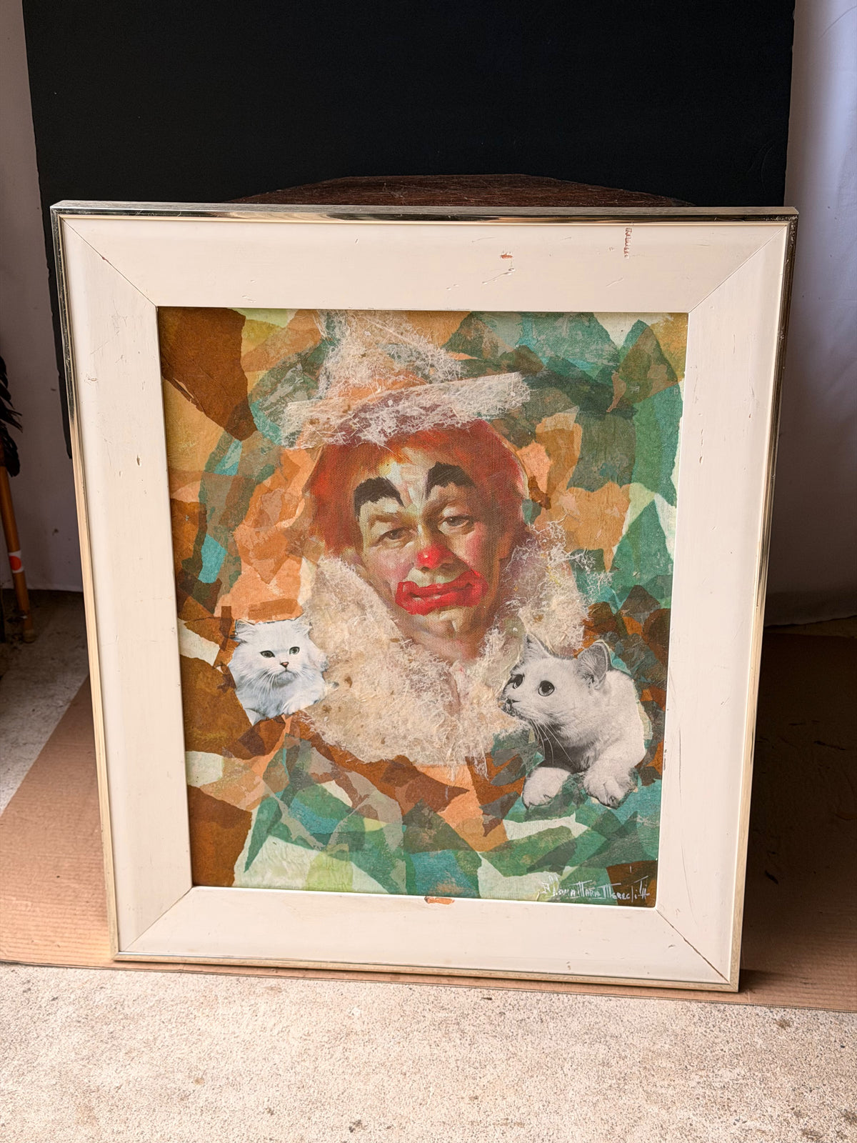 Vintage Signed Albina Marie Meredith Mixed Media Clown Cats Collage Painting 25"