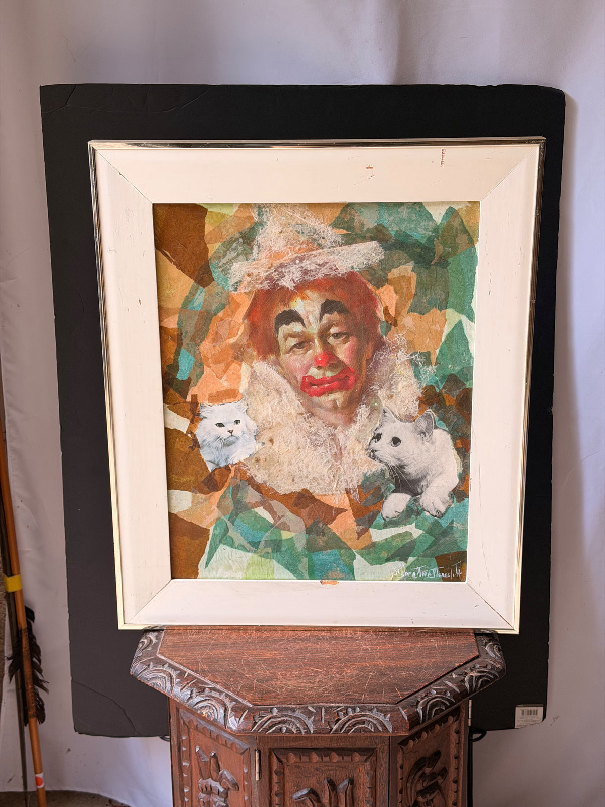 Vintage Signed Albina Marie Meredith Mixed Media Clown Cats Collage Painting 25"