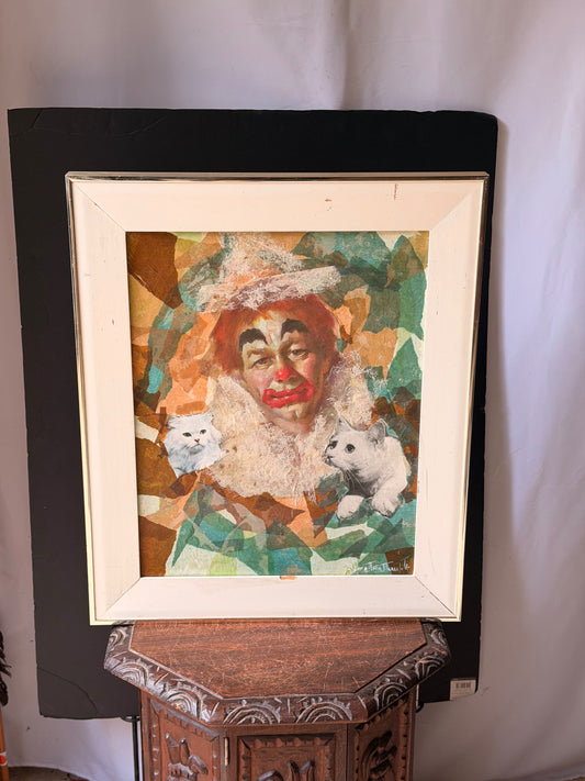 Vintage Signed Albina Marie Meredith Mixed Media Clown Cats Collage Painting 25"