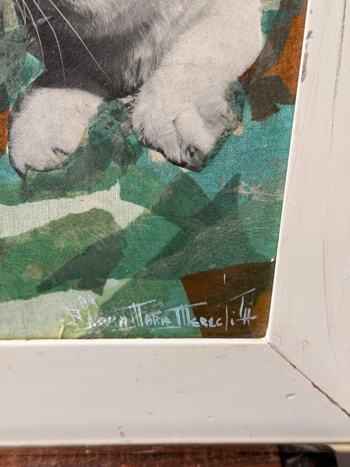 Vintage Signed Albina Marie Meredith Mixed Media Clown Cats Collage Painting 25"